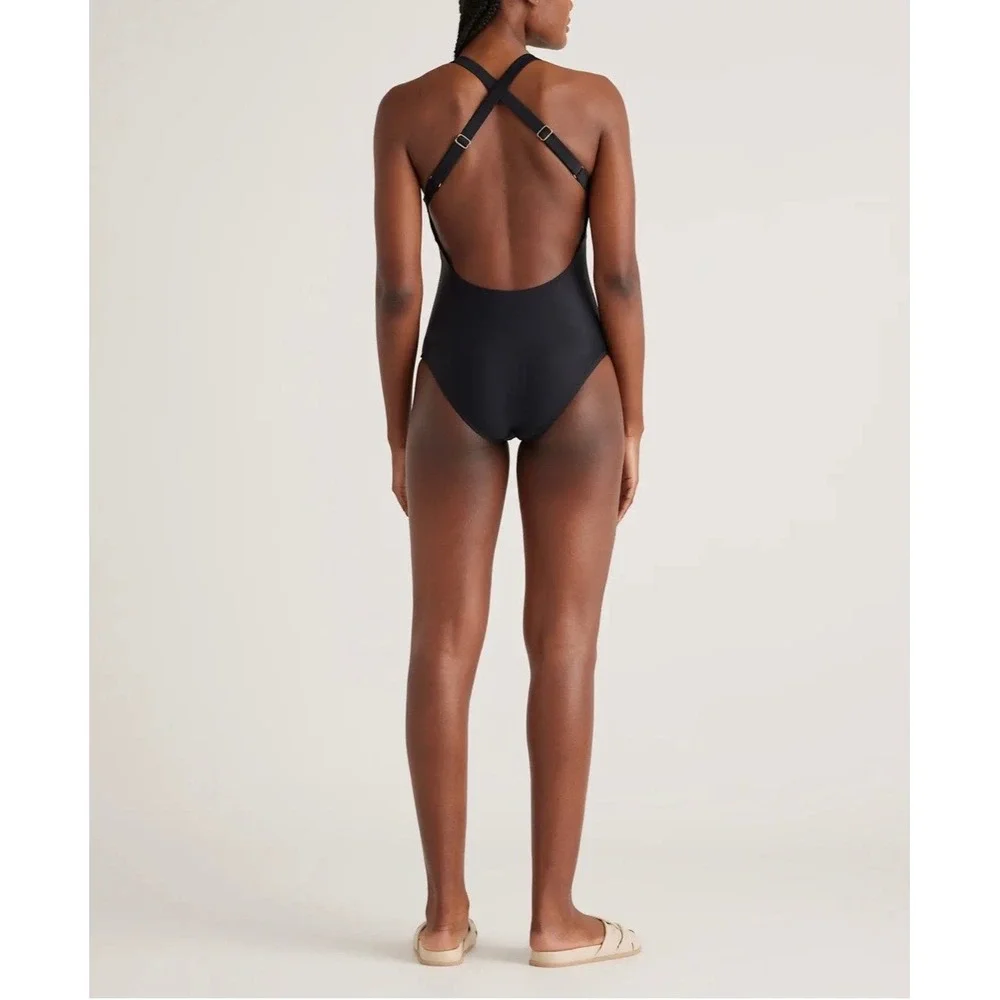 MWT Quince Womens Italian Cross Back One Piece Swimsuit Large Padded Black